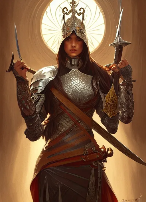 Prompt: knight with a two hand sword, fantasy, intricate, elegant, highly detailed, digital painting, artstation, concept art, wallpaper, smooth, sharp focus, illustration, art by artgerm and greg rutkowski and alphonse mucha