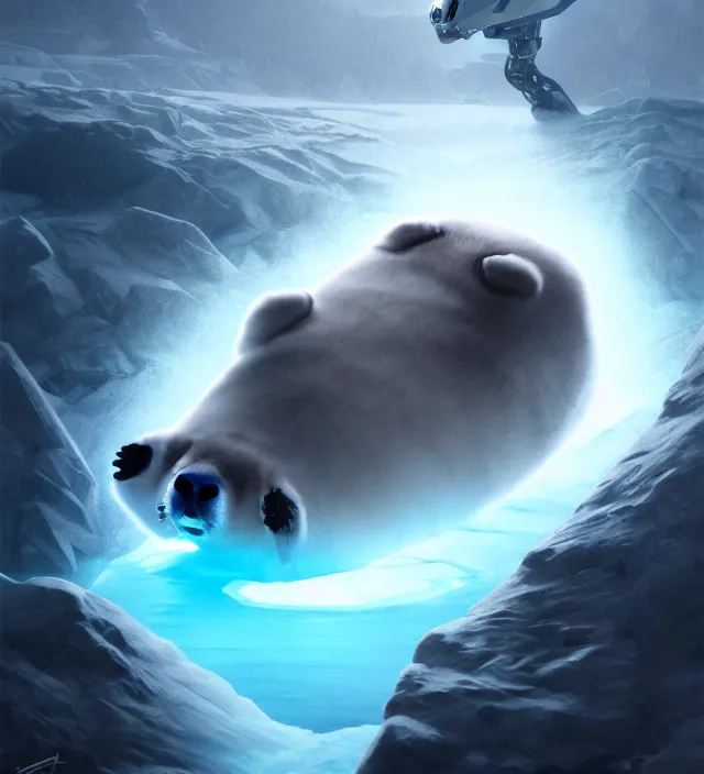 Image similar to portrait of a cyborg robot baby harp seal emerging from from an ice river, cinematic lighting, photorealistic, octane render, 8 k, depth of field, art by artgerm and greg rutkowski and alphonse mucha and uang guangjian