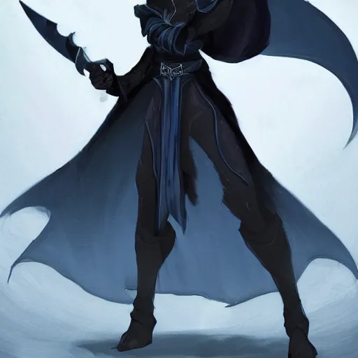 Image similar to D&D character concept art of a cloaked tiefling, tiefling rogue, blue skin color with short horns and a devil tail, fighting pose of a Rogue holding daggers, black cloak hidden in shadows, full body pose, soft colors, fantasy, intricate, elegant, highly detailed, digital painting, artstation, concept art, smooth, sharp focus, illustration, wide angle shot, full body visible, art by artgerm and H R Giger and alphonse mucha