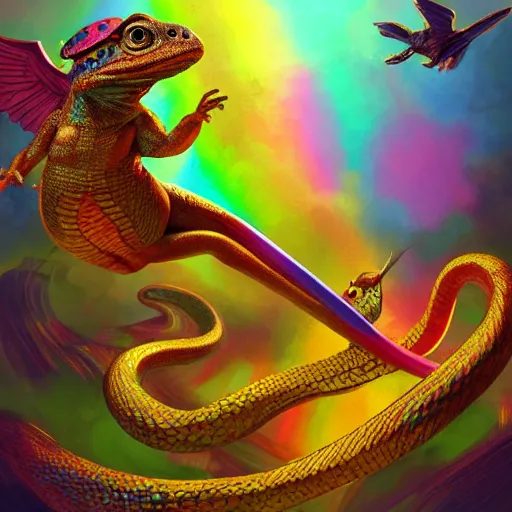 Image similar to A winged toad dances with a rainbow snake and a golden lizard, artstation, concept art, master illustration, details, good clear quality, fun - w 704