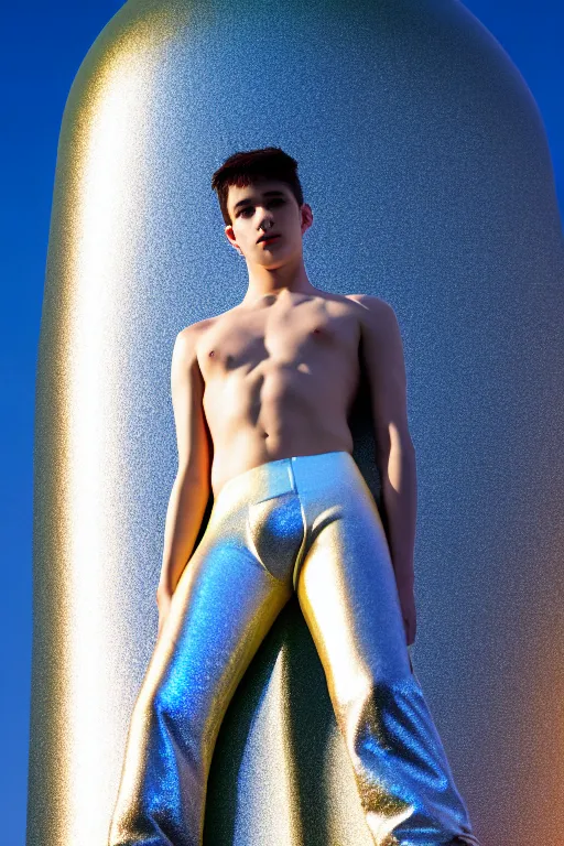 Image similar to un ultra high definition studio quality photographic art portrait of a young man standing on the rooftop of a british apartment building wearing soft baggy inflatable padded silver iridescent pearlescent clothing. three point light. extremely detailed. golden ratio, ray tracing, volumetric light, shallow depth of field. set dressed.