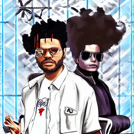 Image similar to the weeknd and michael jackson in the style of gta v artwork, digital art