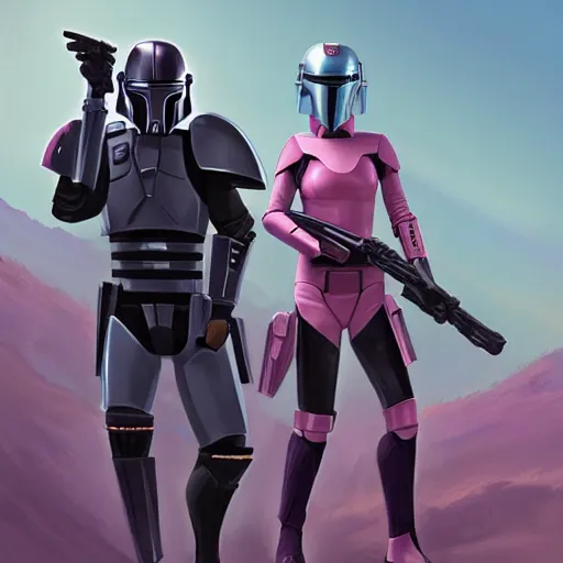 Image similar to bo katan, koska reeves, and a very fancy female mandalorian in a pink suit and bedazzled helmet. digital art. photo realistic. 4 k. intricate. detailed. by krenz cush art simon fetscher.