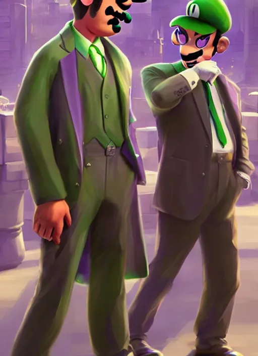 Image similar to luigi and waluigi as mafia gangsters, photorealistic, ultra detailed, trending on artstation, concept art, octane render, unreal engine, by shinji aramaki, by christopher balaskas, by krenz cushart