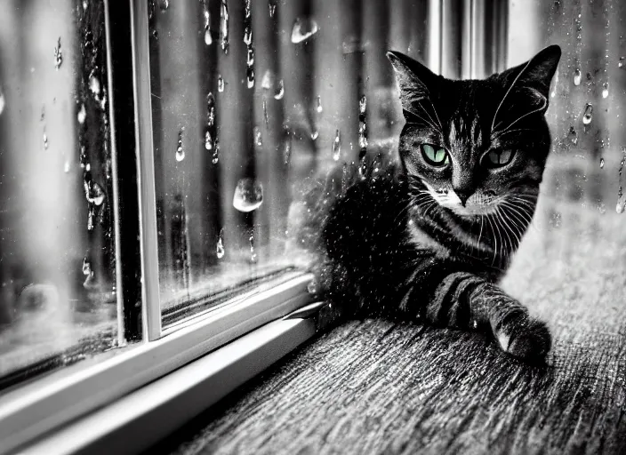 Image similar to photography of a Cat . watching outside the window while it rains. on a bed. in a room full of vinyls and posters, photorealistic, raining award winning photo, 100mm, sharp, high res