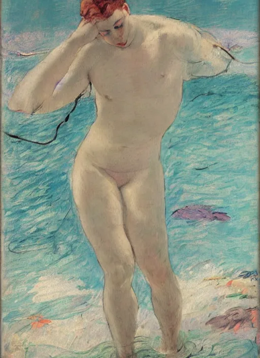 Prompt: vintage beautiful painting of a gay merman fully covered looking with the back at the sea sitting on a white pearl in Mary Cassatt style