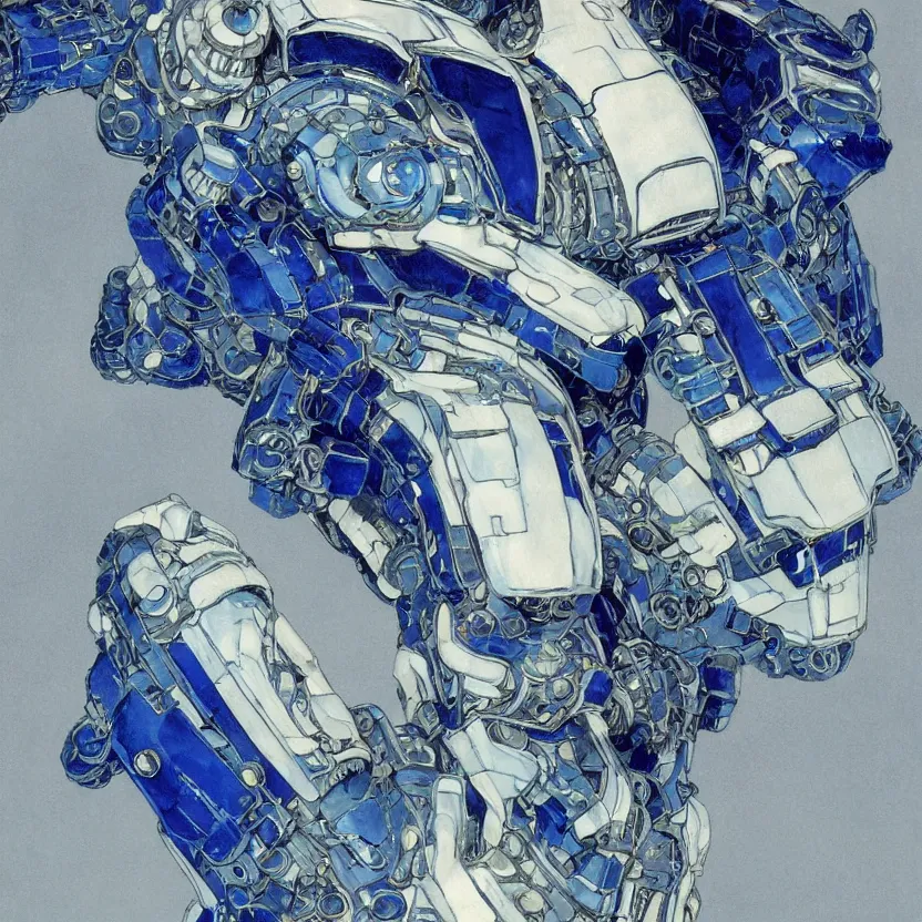 Image similar to a close - up portrait of an ornate blue and white porcelain mecha made out of white vitrified translucent ceramic ; china. reflective detailed textures. gloomy black background. highly detailed fantasy science fiction painting by moebius, norman rockwell, frank frazetta, and syd mead. rich colors, high contrast. artstation