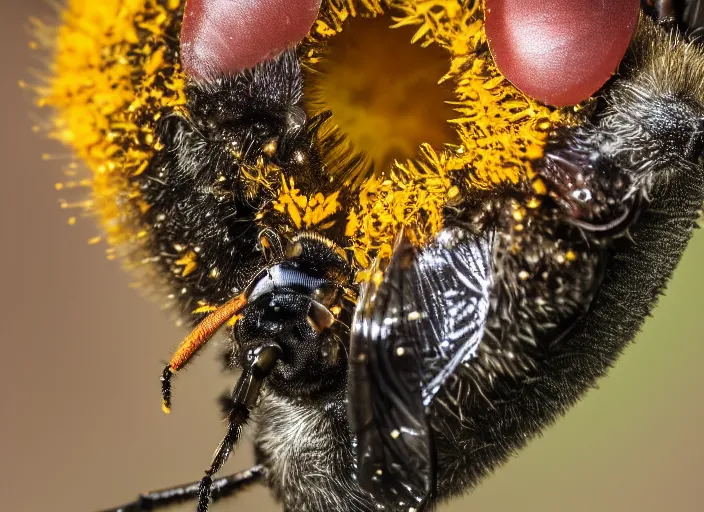 Prompt: super macro of a mechanical bee drinking from a flower in the forest. fantasy magic style. highly detailed 8 k. intricate. nikon d 8 5 0 3 0 0 mm. award winning photography.