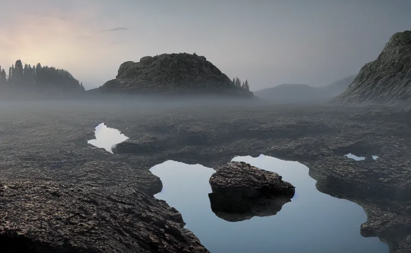 Prompt: a strange lake directed by charlie kaufman ( 2 0 0 1 ) anamorphic lenses, a rocky shore in the foreground, foggy volumetric light morning, a beam of light from the heavens, cinematic trending on artstation in the style of greg rutkowski