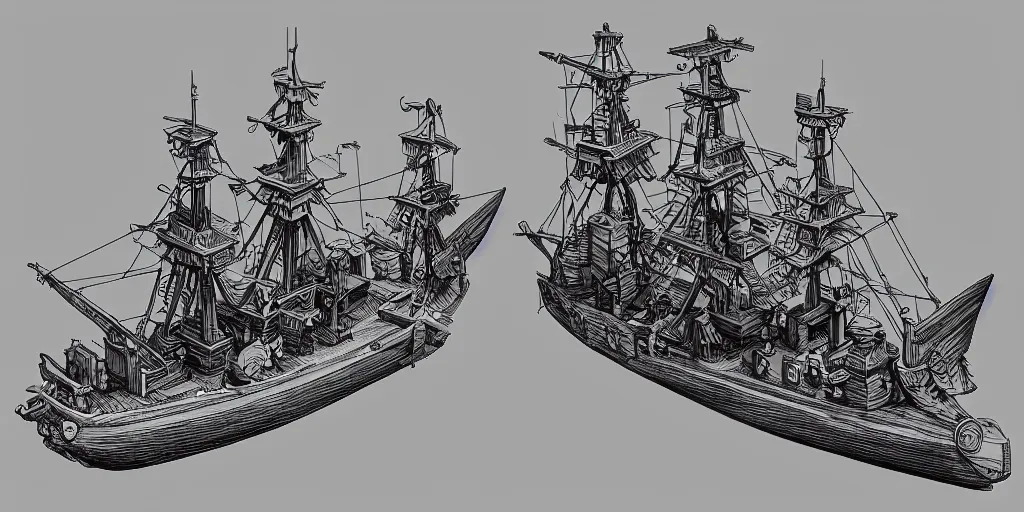 Image similar to a pirate ship, isometric view, hyper realistic, line art, drawing, sketching, illustration, kitbash 3 d, art by hebron ppg