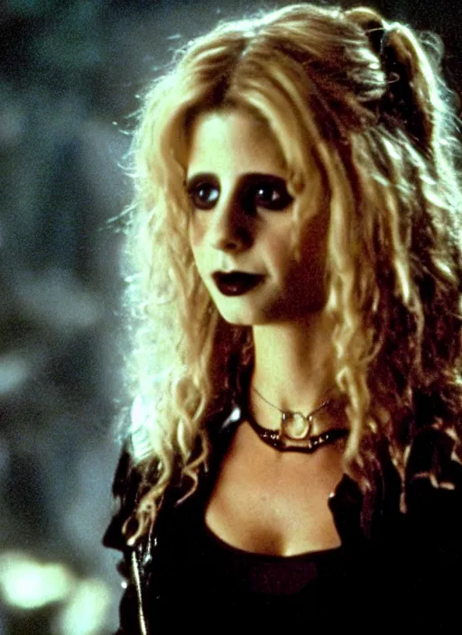 Prompt: film still of sarah gellar as a gothic vampire in the movie the lost boys