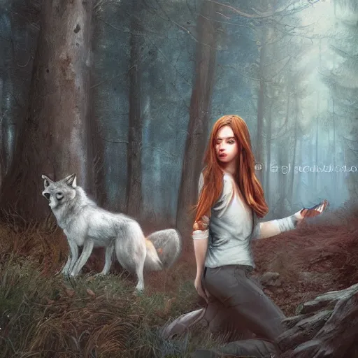 Image similar to a pretty girl surrounded by wolves, in the woods, digital painting, photorealistic, in the style of greg rutkowski, full body, detailed face