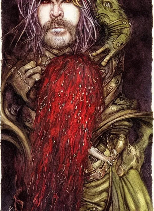 Prompt: portrait of one eyed wizard, beautiful! coherent! dungeons and dragons character, by brian froud, strong line, deep color, chainmail, short red hair, high contrast