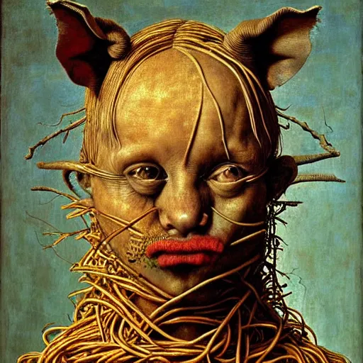 Prompt: half boy half rhino made of spaghetti, by giuseppe arcimboldo and ambrosius benson, renaissance, intricate and wet oil paint, a touch of beksinski, realistic