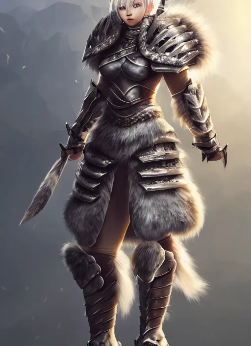 Image similar to warrior, fur - lined heavy armor!!! beautiful and athletic white hair female!! monster hunter!! character concept art, sharp focus, octane render! unreal engine 5! highly rendered!! trending on artstation!! detailed linework!! illustration by artgerm, wlop, and chie yoshii