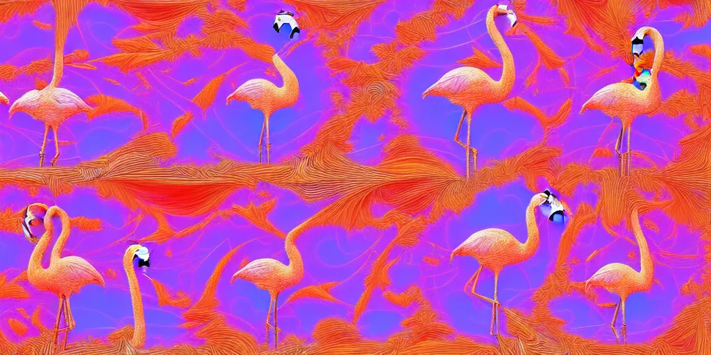 Image similar to highly detailed generative art, irregular fractal of flamingos, background of irregular warped polygons, 4 k hdr