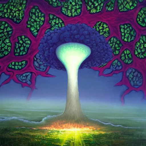 Image similar to A beautiful leafy tree as big as a mushroom cloud, shading a regular-sized modern city below it. Fantasy art, oil painting.