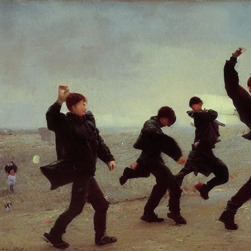 Image similar to a group of teenage boys doing the moonwalk. Ilya Repin and Ruan Jia.