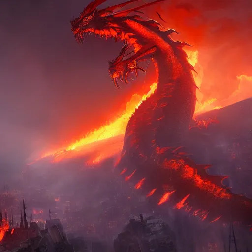 Image similar to horror dragon flying over a city, fire, lava, smoke, ethereal, matte painting, highly detailed, by eddie mendoza and tyler edlin, 8 k resolution