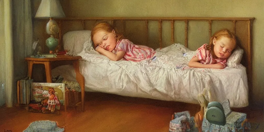 Image similar to a sleepy little cute girl in his bedroom by Bob Byerley