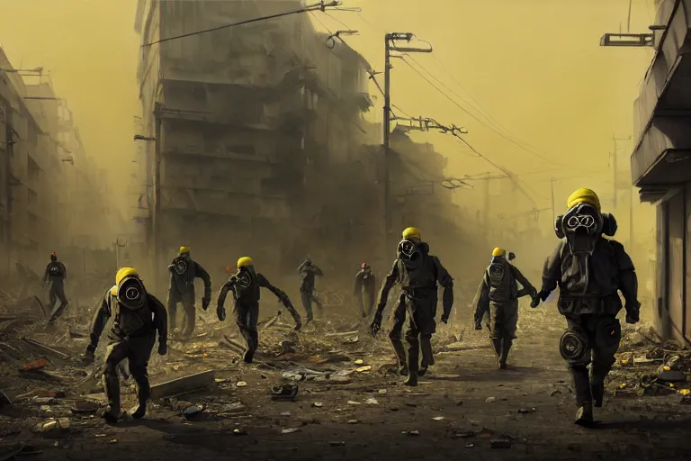 Prompt: grim dark oil painting of gas masks and protective suits walking down a destroyed city street, poisoned deadly yellow gas, human remains, octane rendering, trending on artstation, studio ghibli, michael whealan and james gurney