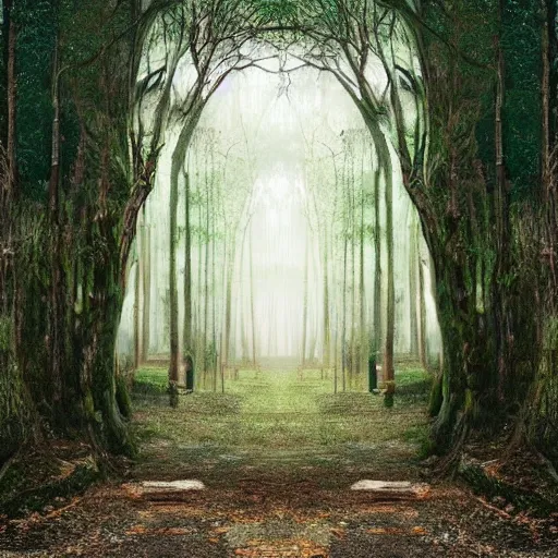 Prompt: A beautiful forest with doors leading into another dimension