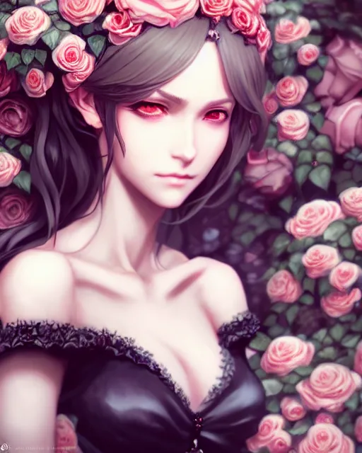 Prompt: an elegant lady surrounded by skulls in a garden full of roses, final fantasy, cushart krenz, cushart krenz, very detailed, realistic face, detailed face, matte, tonemapping, perfection, 4 k,