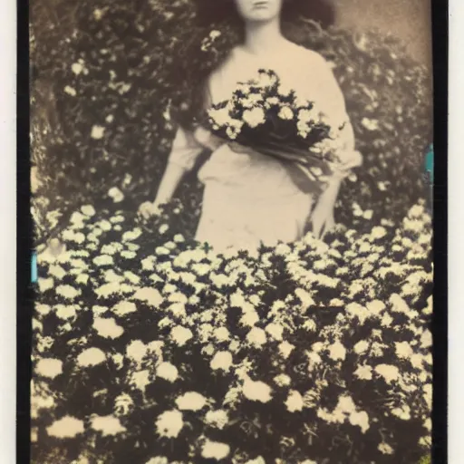 Image similar to woman covered in flowers, 1910 polaroid photography,