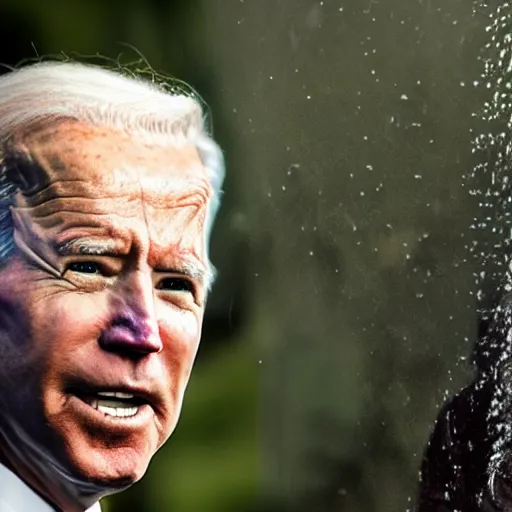 Prompt: 4 k portrait sony a 7 f 2. 8 wide angle of president joe biden as a taliban leader with a beard showering in a tropical jungle shower surrounded by secret agents