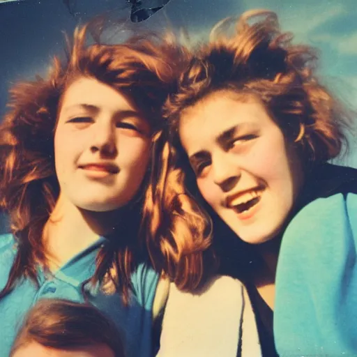 Prompt: selfie French teenagers in the 80's, flash color polaroid, detailed