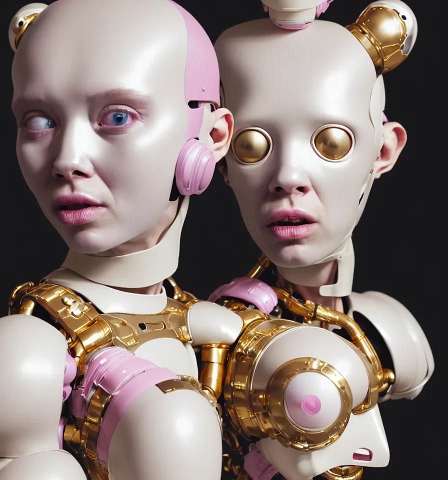 Prompt: portrait of a alien futuristic cyborg wearing a gold pipes fitted beauty mask and pink hair buns, wearing a black bodysuit by alexander mcqueen, cream white background, soft diffused light, biotechnology, humanoid robot, perfectly symmetric, bjork aesthetic, translucent, by rineke dijkstra, intricate details, highly detailed, masterpiece,