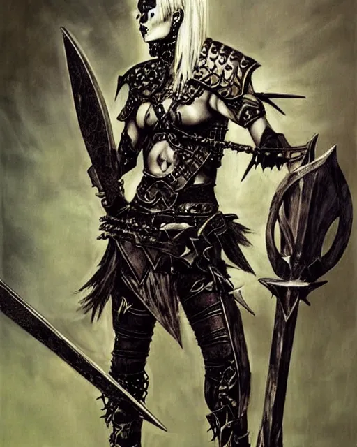 Image similar to portrait of a skinny punk goth warrior wearing armor by frank fazetta, fantasy, barbarian, hardcore