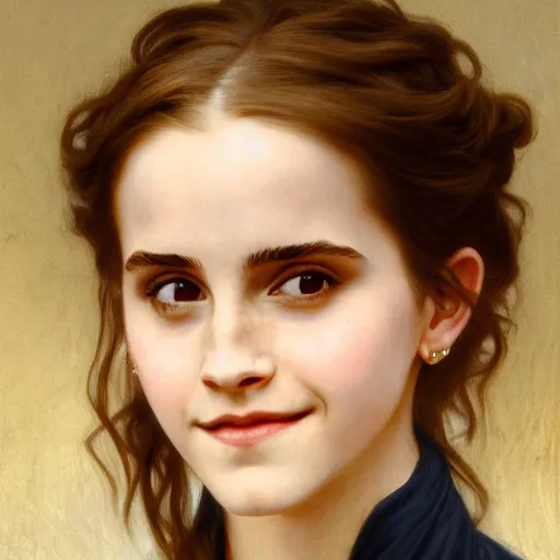 Prompt: Painting of Emma Watson as Hermione Granger. Wearing a golden H necklace. Smiling. Happy. Cheerful. Art by william adolphe bouguereau. During golden hour. Extremely detailed. Beautiful. 4K. Award winning.