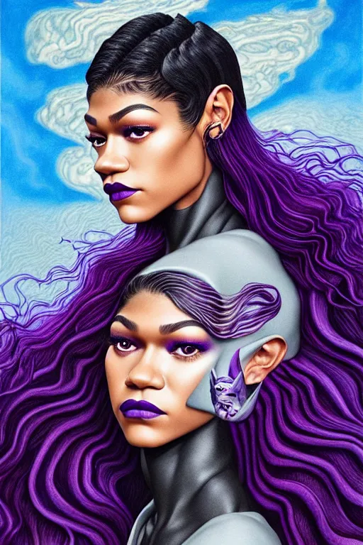 Image similar to zendaya with wavy dark purple hair coming out of the abyss with a panther on her shoulder, ultrafine hyperrealistic fantasy oil painting, art by ida outhwaite and loish, dreamy, surreal, trending on artstation, dungeons and dragons, intricate linework, sharp focus, smooth, unreal engine, dramatic lighting, 8 k,