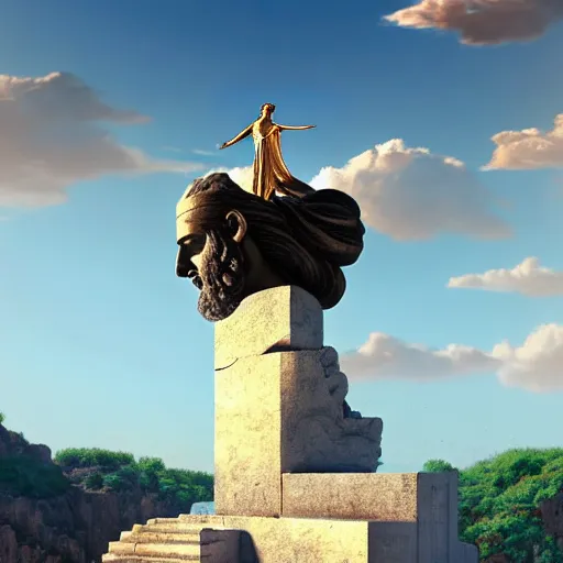 Image similar to tiny greek goddess in steel helmet standing on a giant greek bearded male head of Zeus, greek temple of olympus glory island, late afternoon light, wispy clouds in a blue sky, by frank lloyd wright and greg rutkowski and ruan jia