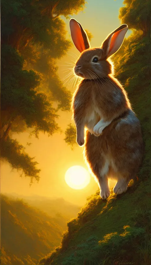 Image similar to hyper realistic rabbit looking off of a cliff, sun setting behind rabbit silhouette, lush forest in valley below, painted by craig mullins, j. c. leyendecker 8 k