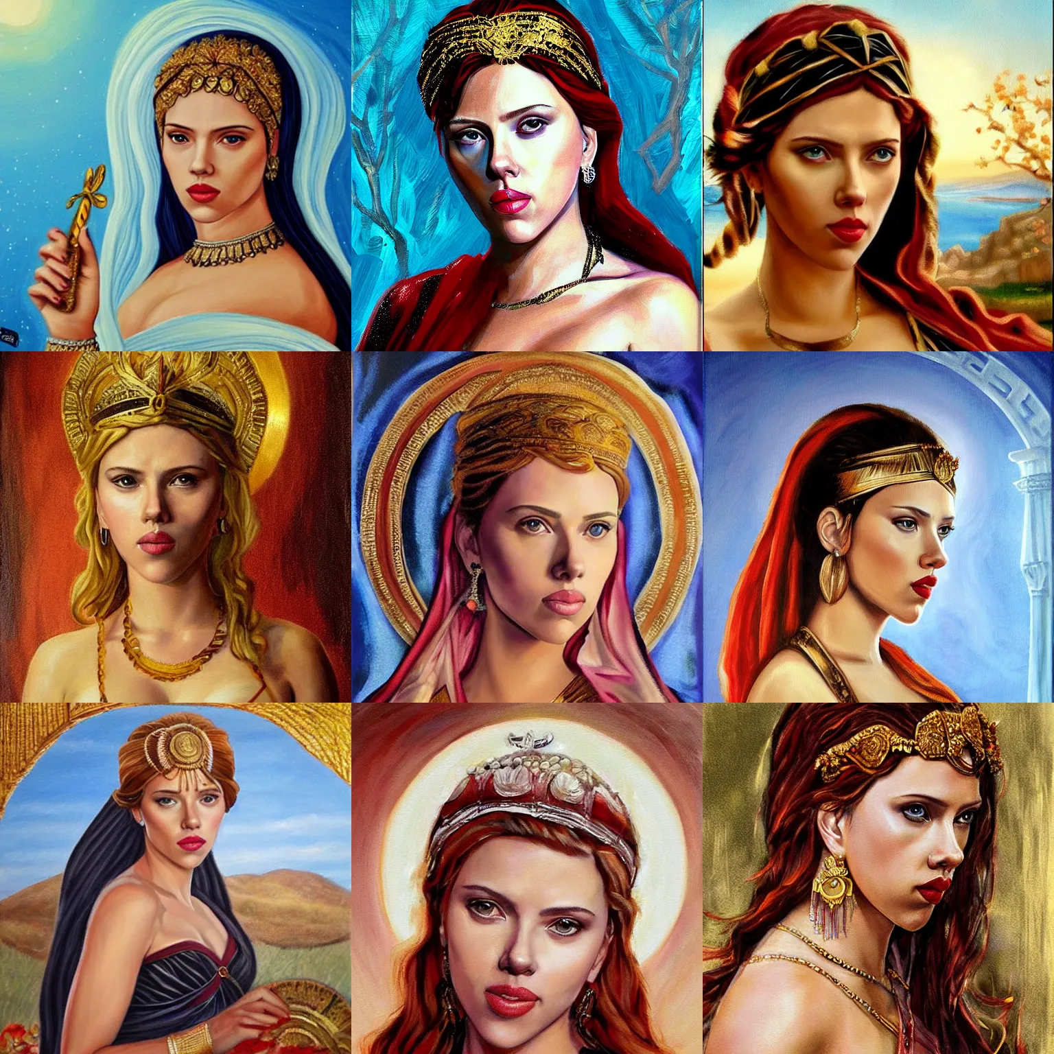 Image similar to Scarlett Johansson as a beautiful Greek Godess, Painting,