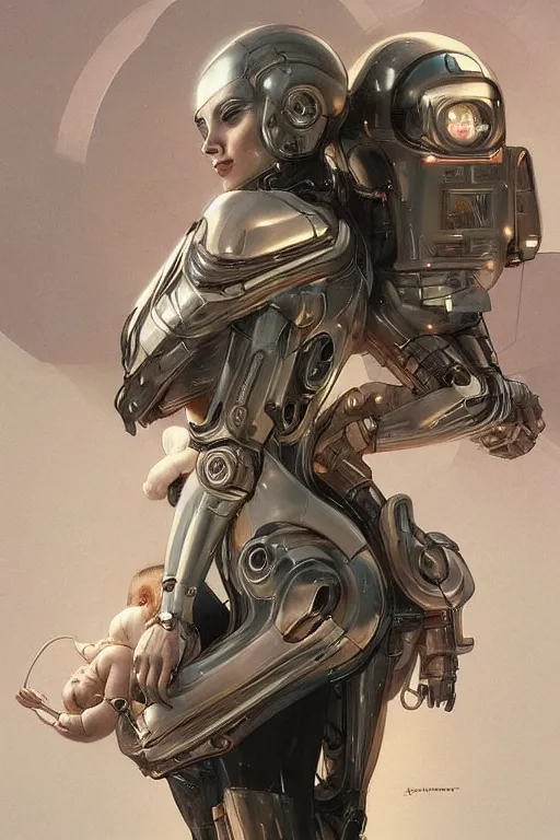 Prompt: Ultra realistic illustration, robot woman carrying a sleeping baby, cyberpunk, sci-fi, fantasy, intricate, elegant, highly detailed, digital painting, artstation, concept art, smooth, sharp focus, illustration, art by artgerm and greg rutkowski and alphonse mucha