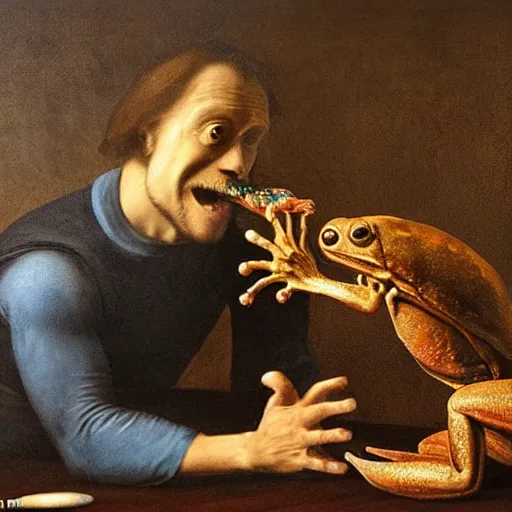 Prompt: actor willem dafoe with beard eats a frog, in a large museum room, realistic, oil painting, dramatic lighting, in the style of Leonardo Da Vinci