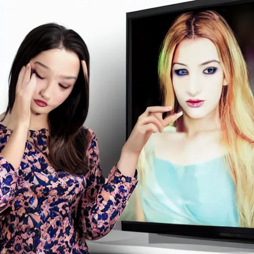 Image similar to A doppelganger is wearing dress and mimicking appearance of female model by watching her image in the tv, highly detailed