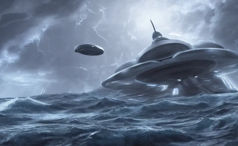 Image similar to a small, symmetrical alien ship flies above a stormy ocean, sci-fi concept art, unreal engine 3d