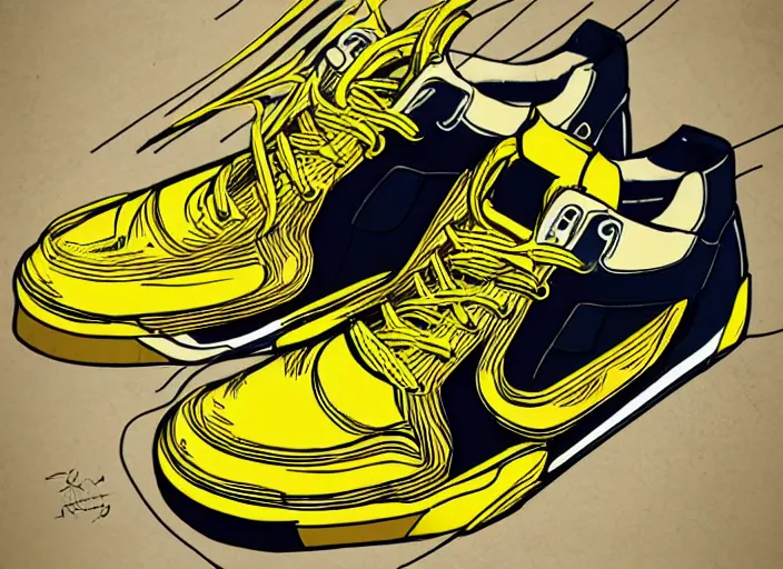 Image similar to sneaker concept, wth short golden lines, yellow details, highly detailed, digital art, sharp focus, trending on art station, anime art style