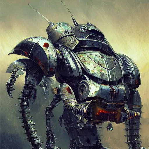 Prompt: giant armored ashigaru beetle mecha concept painting by jessica rossier, hr giger, john berkey