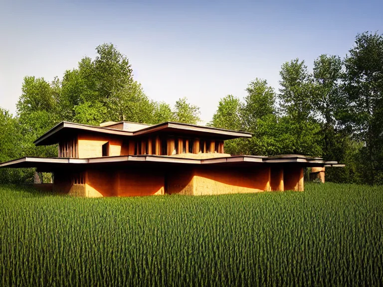 Image similar to hyperrealism design by frank lloyd wright photography of beautiful detailed eco house around the forest in small ukrainian village by taras shevchenko and wes anderson and caravaggio, wheat field behind the house