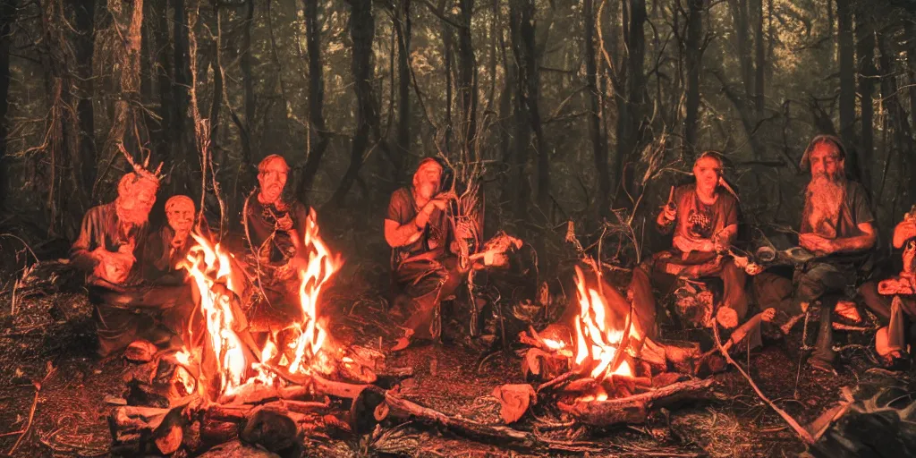 Prompt: old forest hermits holding voodoo dolls around a wildly lit campfire in an ominous forest, photography