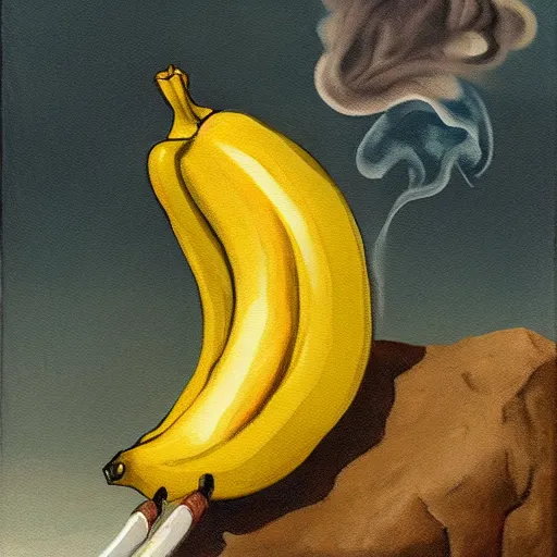 Prompt: Painting of a banana with a mustache, sitting on a rock in the sea and catching fish while smoking
