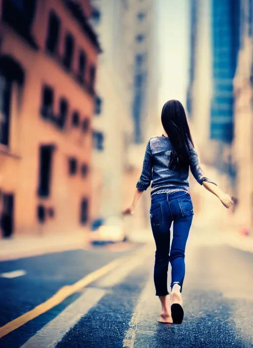 Image similar to beautiful photo of a woman walking on a city towards the camera, full body, hyper realistic, 8 k, dslr, 3 mm, highly detailed photograph