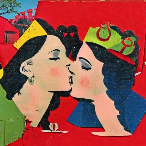 Image similar to two women kissing at a carnival, mixed media collage from 7 0 s, retro, lowfi, magazine collage