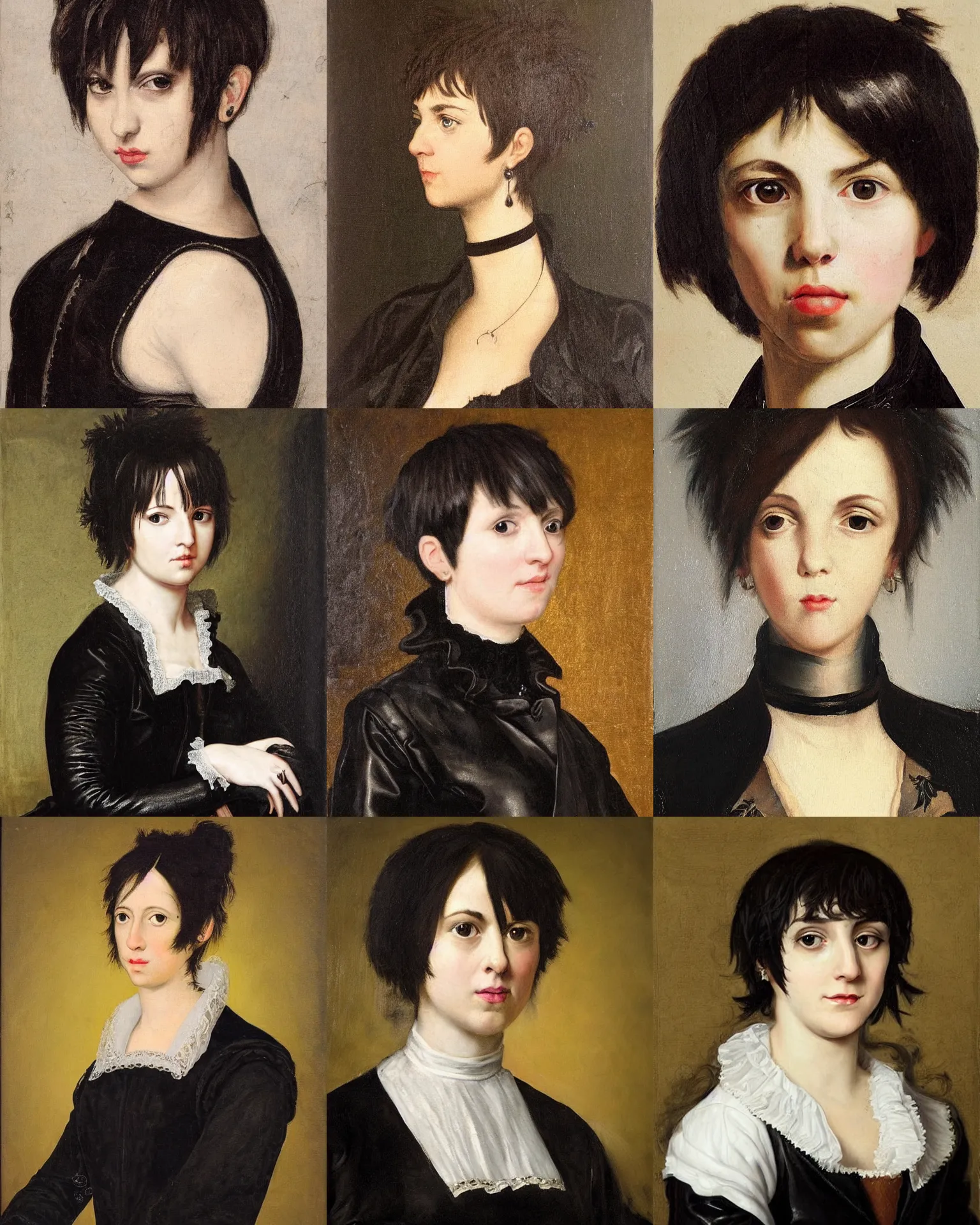 Prompt: A baroque portrait painting. Her hair is dark brown and cut into a short, messy pixie cut. She has a slightly rounded face, with a pointed chin, large entirely-black eyes, and a small nose. She is wearing a black leather jacket, a black knee-length skirt, a black choker, and black leather boots.