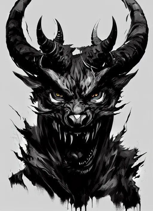 Image similar to A horned shadow demon bear spirit with sharp claws. In style of Yoji Shinkawa and Hyung-tae Kim, trending on ArtStation, dark fantasy, great composition, concept art, highly detailed.